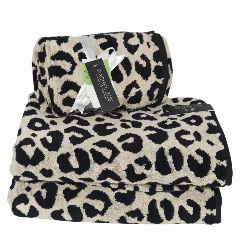 Rachel Zoe 4pc Leopard Cheetah Print Cotton Towel Set 2 Bath 2 Hand Black Tan